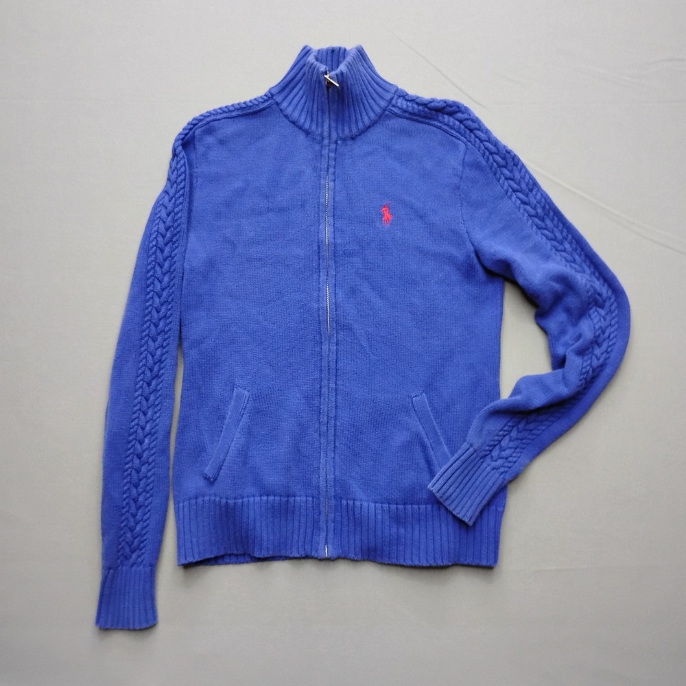 Ralph Lauren Sport Blue Full Zip Cable Knit Sleeve Cardigan Sweater Womens Small